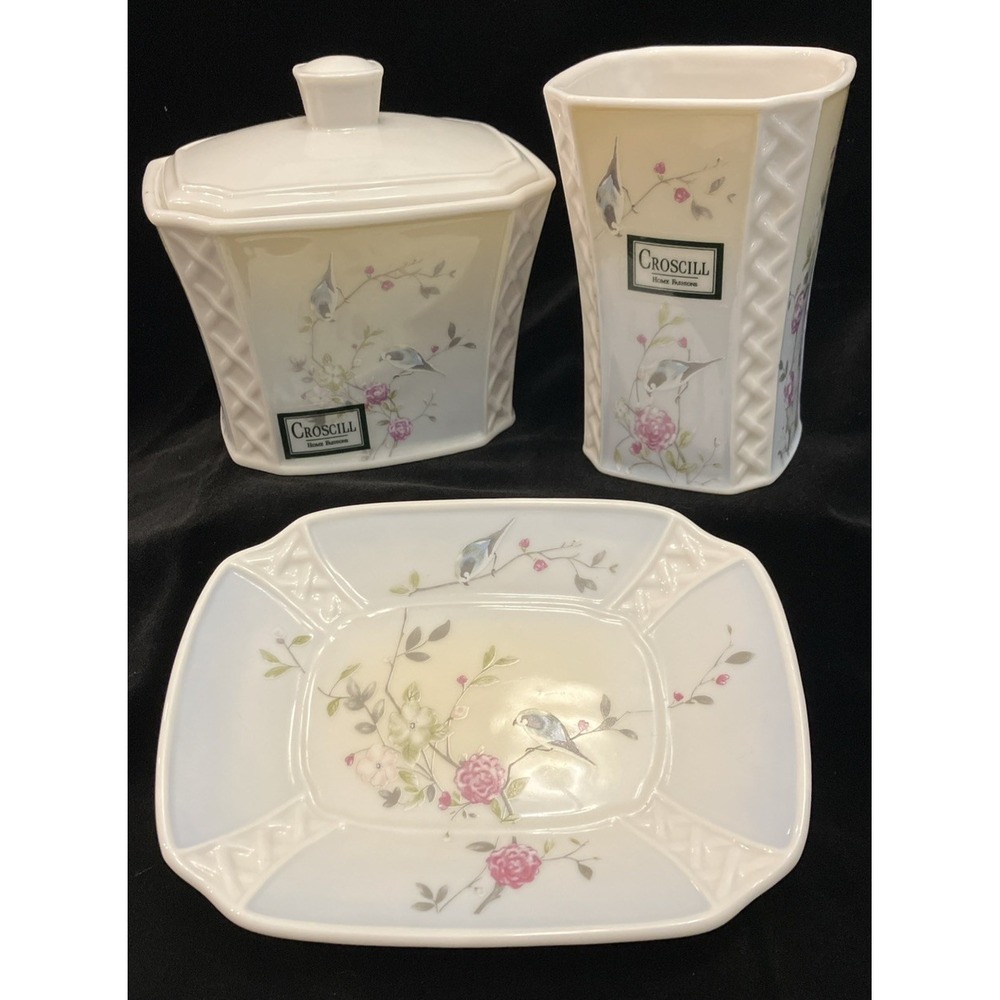 VTG Croscill Blue Wren Floral Lattice Bathroom 3 Pc Ceramic Vanity Rare Pattern